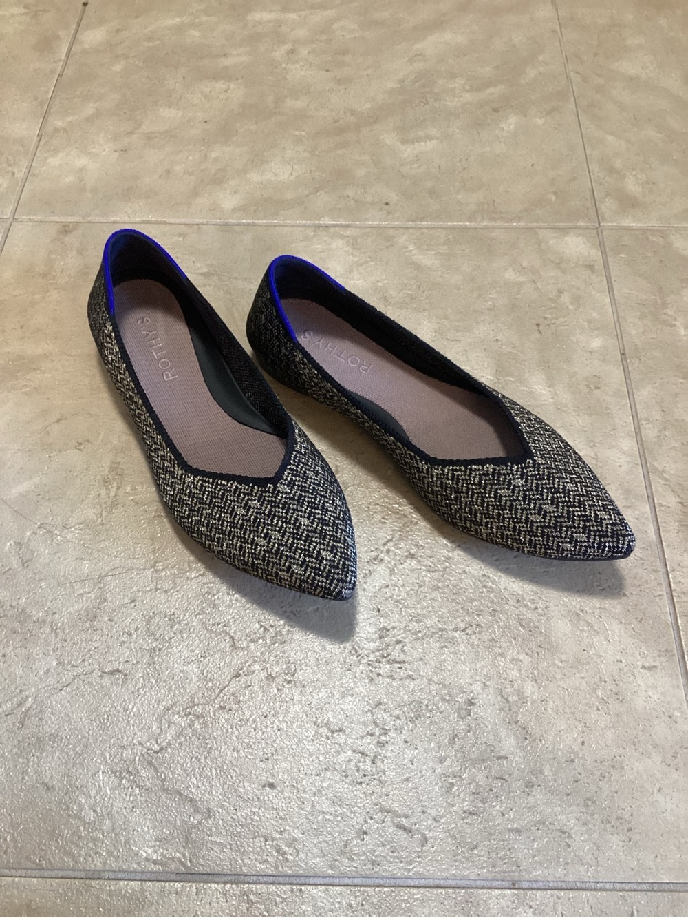 Rothy's Pointed Knit Flats in Black and Cream with Blue Trim, Size 6.5